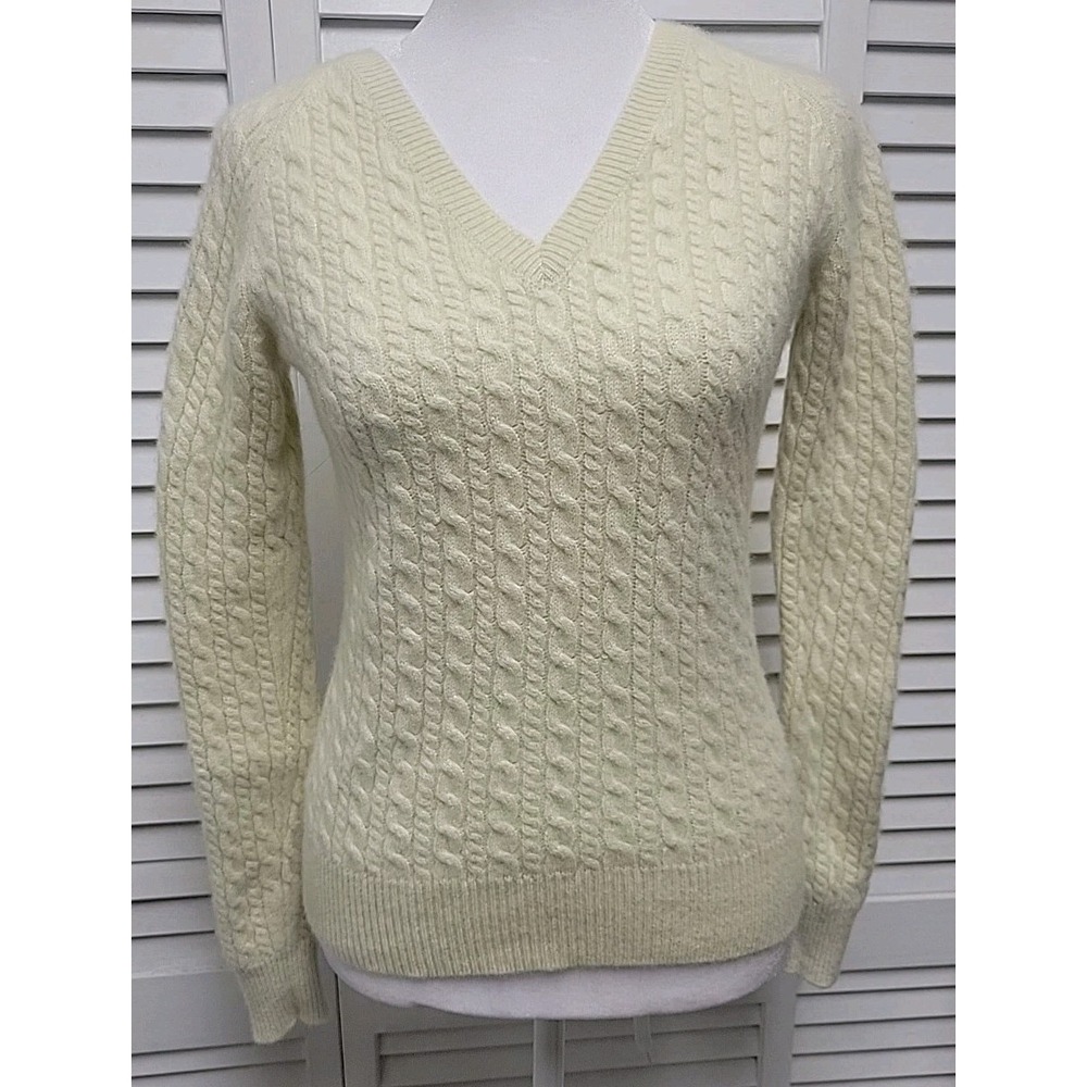 Ann Taylor Lime Pale Yellow Cashmere Sweater Long Sleeve Cable Knit SZ XS V Neck
